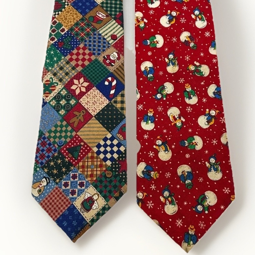 Vintage 90s Christmas Ties Lot of 2 Snowman Patchwork Season's Greetings Mens